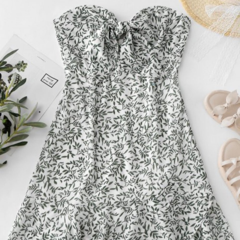 NWT ZAFUL Tie Front Leaves Print Tube Dress